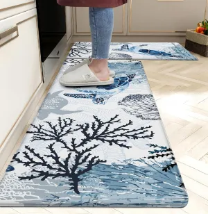 Coastal Beach Kitchen Floor Mat Rugs Nautical Decorative Coral Sea Turtle Kitchen Rugs Anti Fatigue Mats Non-Slip Comfort Standing Cushioned for Kitchen 17.3" 28"   17.3" x 47" Set 2 Pcs Navy Blue