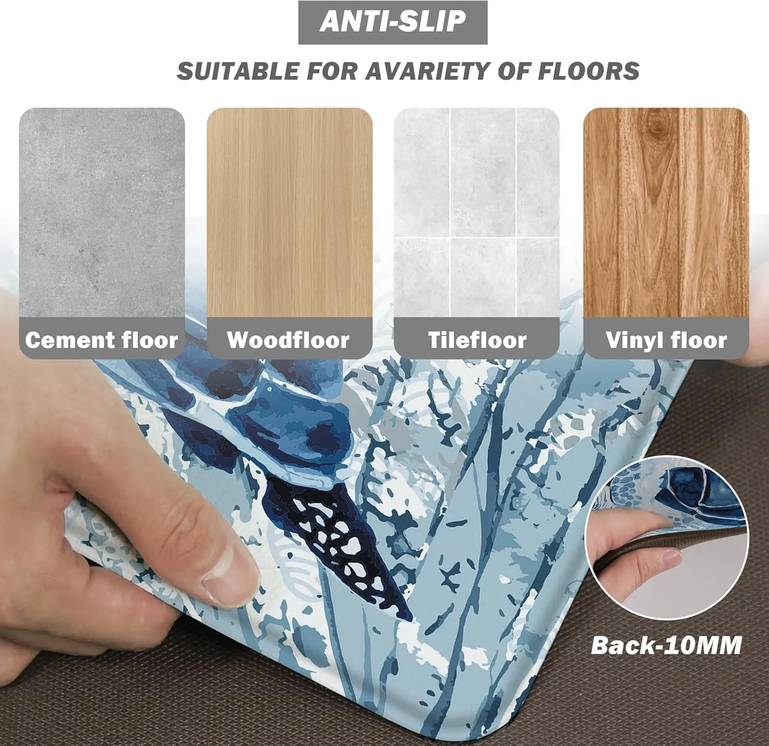 Coastal Beach Kitchen Floor Mat Rugs Nautical Decorative Coral Sea Turtle Kitchen Rugs Anti Fatigue Mats Non-Slip Comfort Standing Cushioned for Kitchen 17.3" 28"   17.3" x 47" Set 2 Pcs Navy Blue
