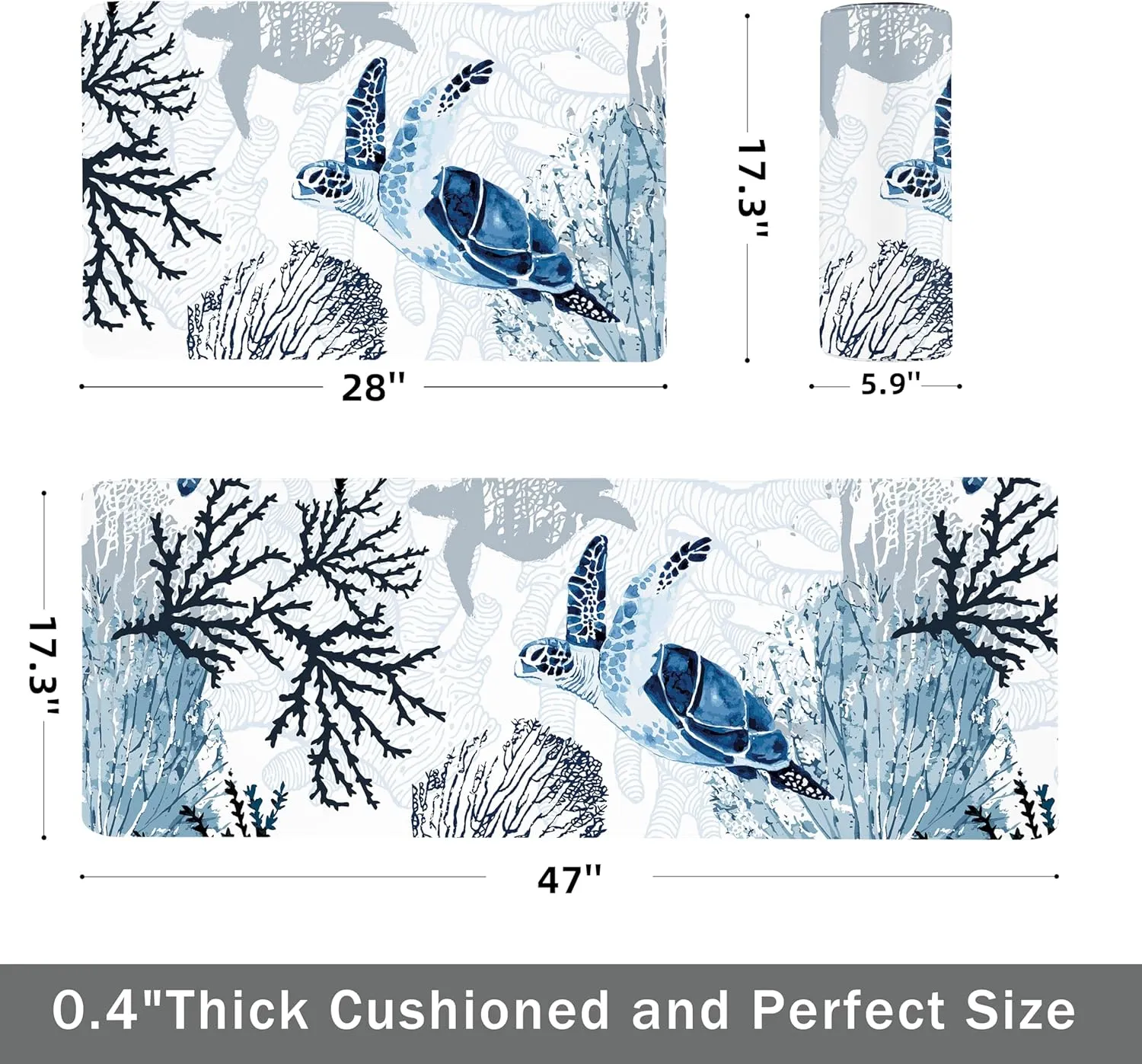 Coastal Beach Kitchen Floor Mat Rugs Nautical Decorative Coral Sea Turtle Kitchen Rugs Anti Fatigue Mats Non-Slip Comfort Standing Cushioned for Kitchen 17.3" 28"   17.3" x 47" Set 2 Pcs Navy Blue