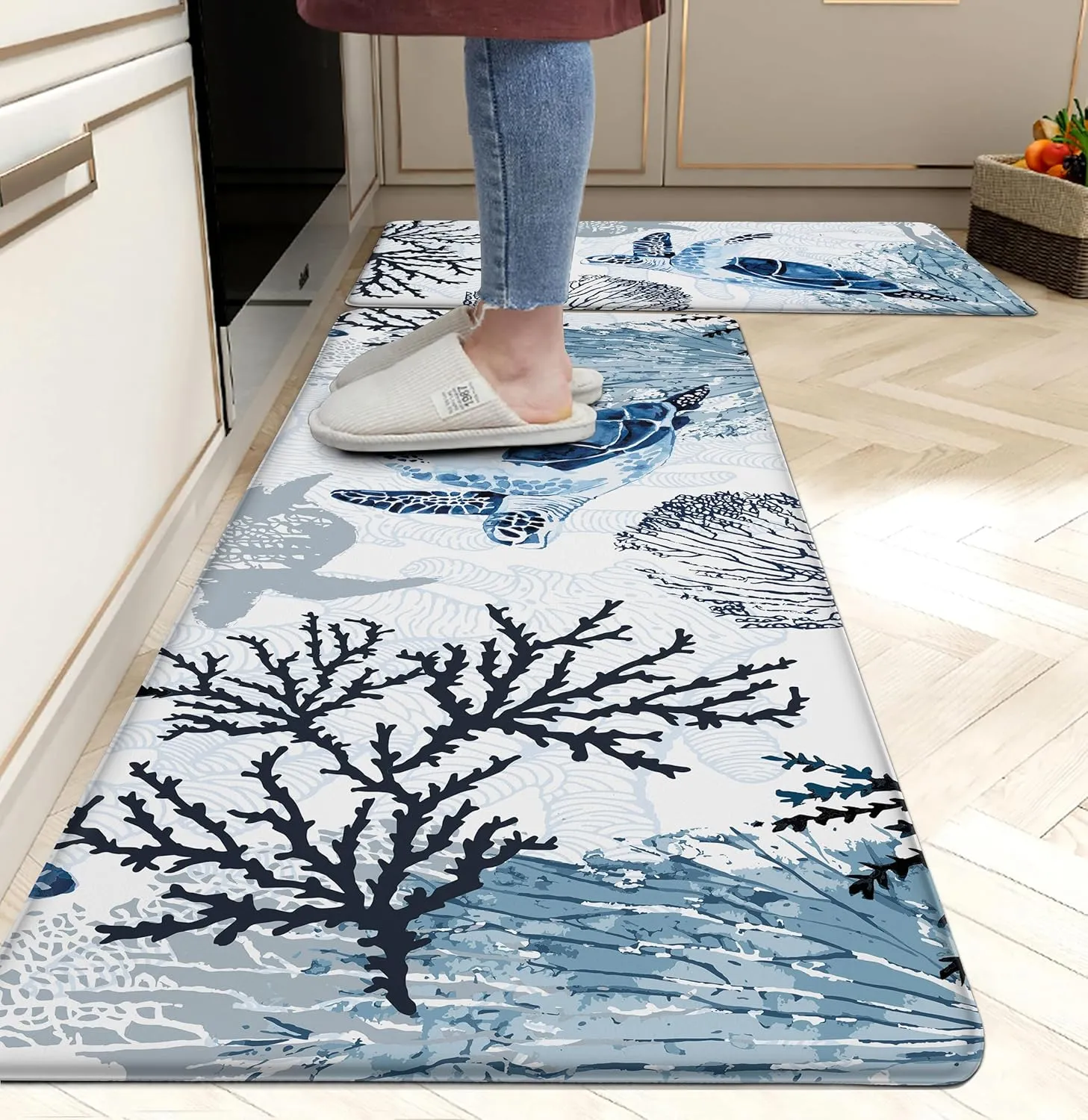 Coastal Beach Kitchen Floor Mat Rugs Nautical Decorative Coral Sea Turtle Kitchen Rugs Anti Fatigue Mats Non-Slip Comfort Standing Cushioned for Kitchen 17.3" 28"   17.3" x 47" Set 2 Pcs Navy Blue