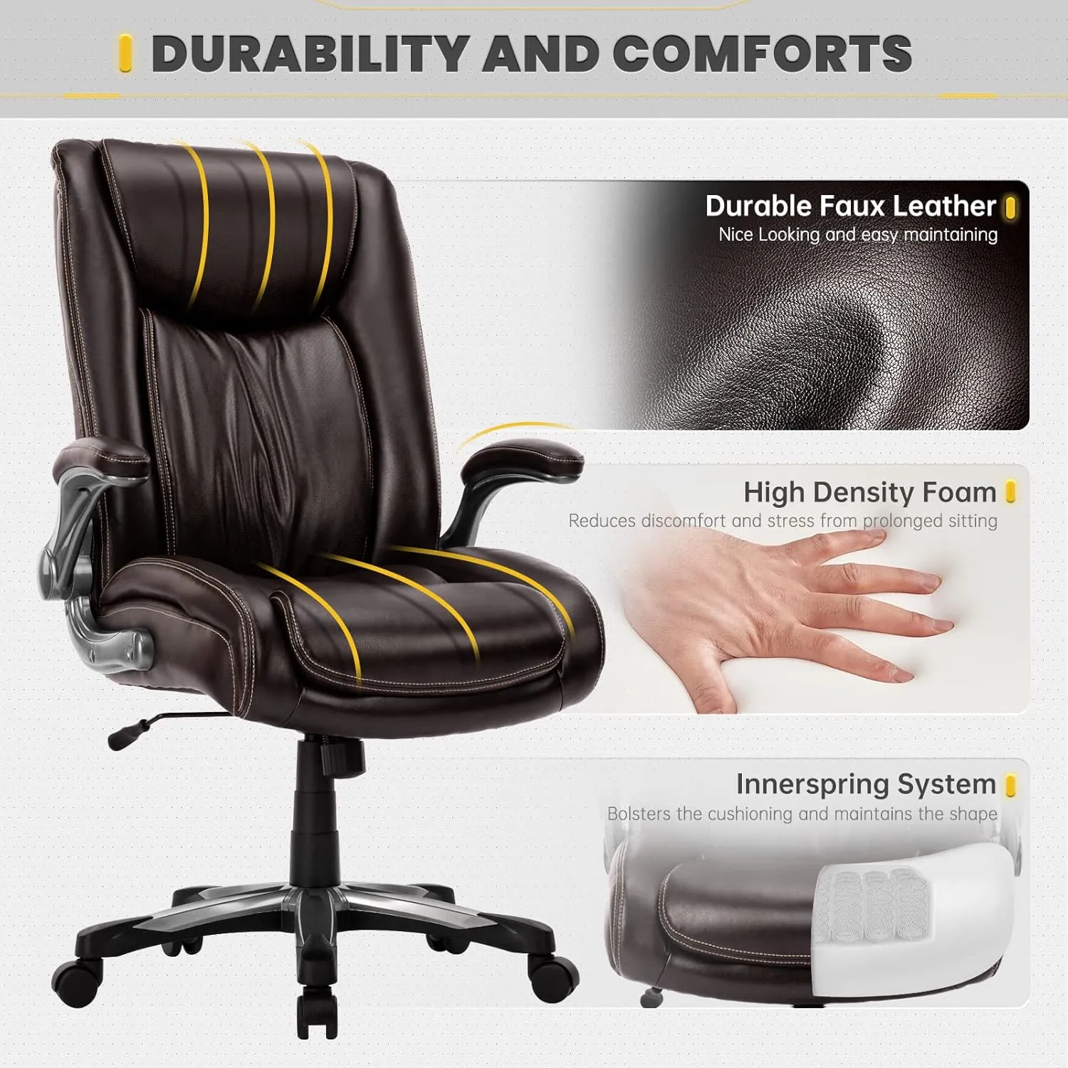 COLAMY High Back Executive Office Chair 400lbs, Large Heavy Duty Big and Tall Computer Office Desk Chair Flip-up Arms Wide Thick Seat for Home Office - Brown