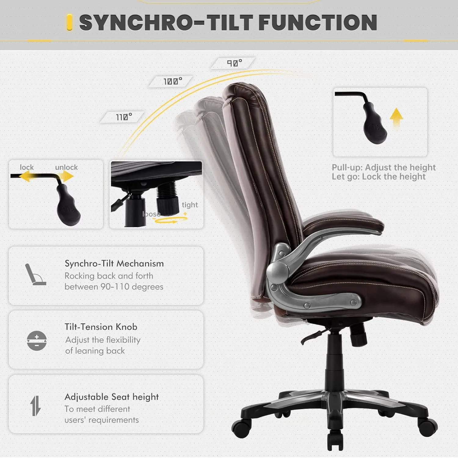 COLAMY High Back Executive Office Chair 400lbs, Large Heavy Duty Big and Tall Computer Office Desk Chair Flip-up Arms Wide Thick Seat for Home Office - Brown