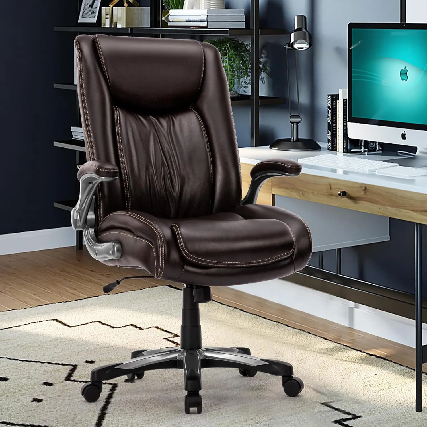 COLAMY High Back Executive Office Chair 400lbs, Large Heavy Duty Big and Tall Computer Office Desk Chair Flip-up Arms Wide Thick Seat for Home Office - Brown