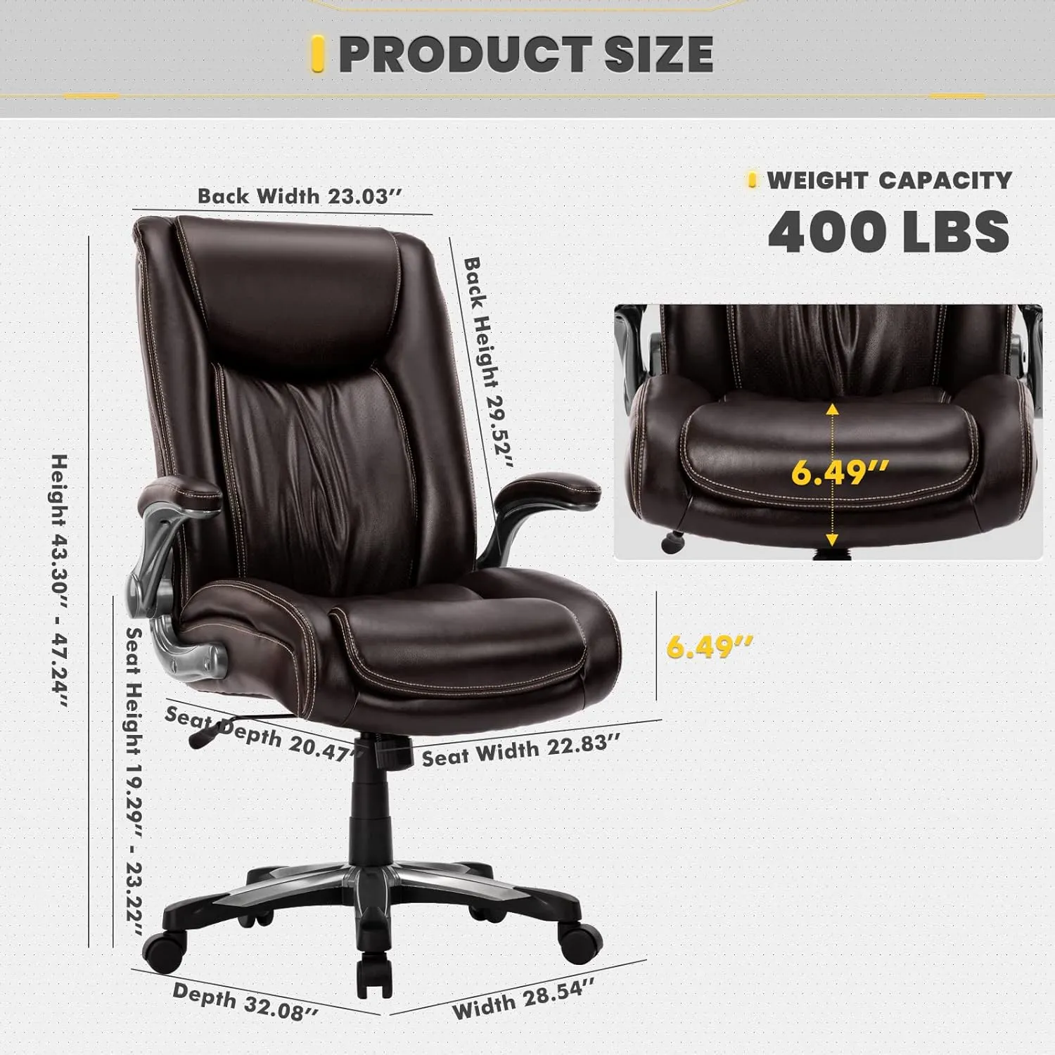 COLAMY High Back Executive Office Chair 400lbs, Large Heavy Duty Big and Tall Computer Office Desk Chair Flip-up Arms Wide Thick Seat for Home Office - Brown