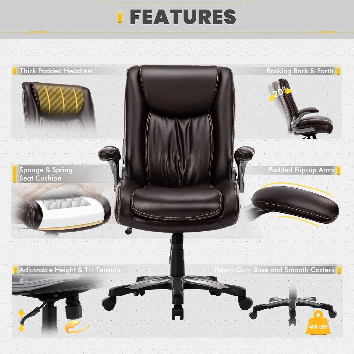 COLAMY High Back Executive Office Chair 400lbs, Large Heavy Duty Big and Tall Computer Office Desk Chair Flip-up Arms Wide Thick Seat for Home Office - Brown