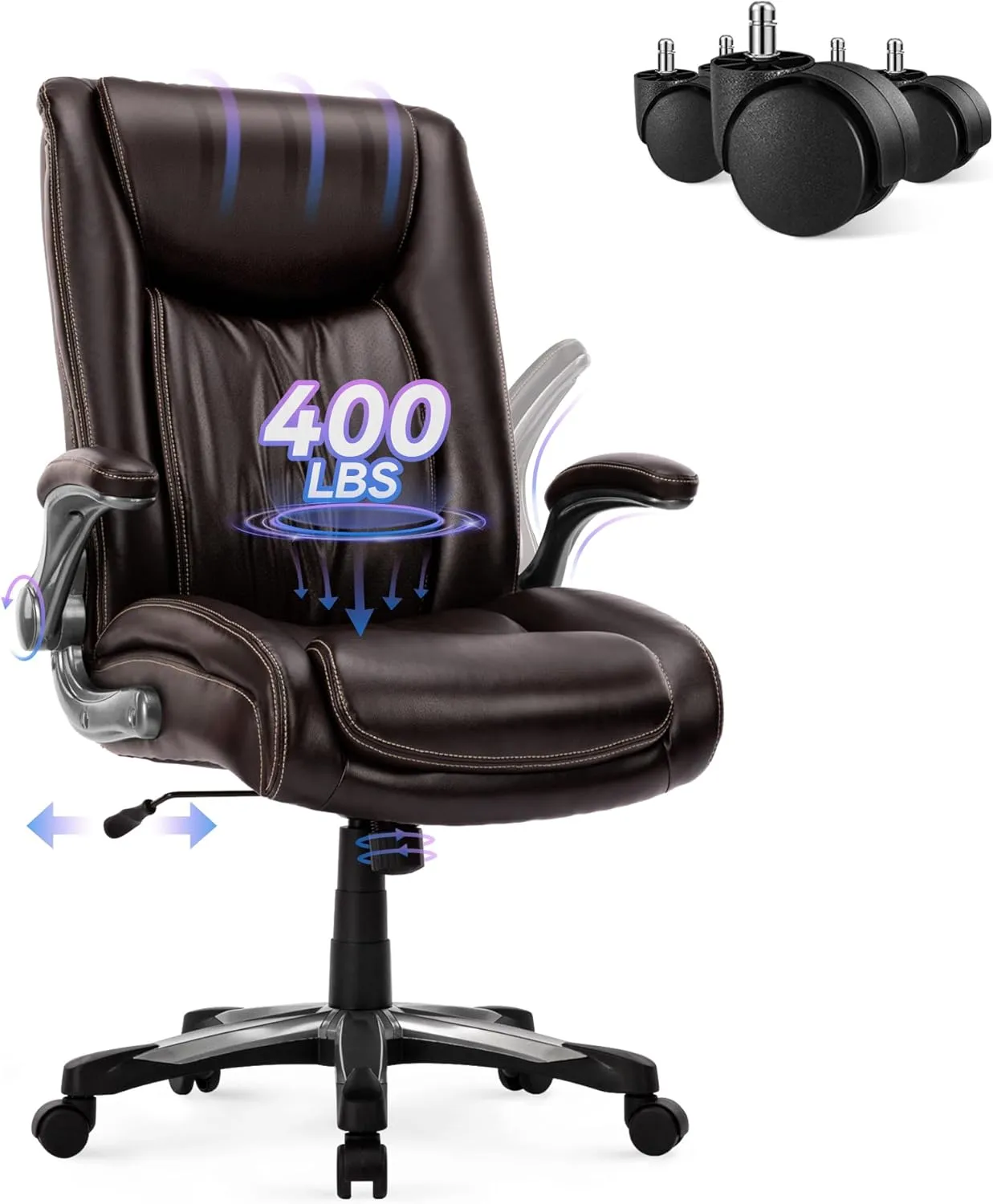COLAMY High Back Executive Office Chair 400lbs, Large Heavy Duty Big and Tall Computer Office Desk Chair Flip-up Arms Wide Thick Seat for Home Office - Brown
