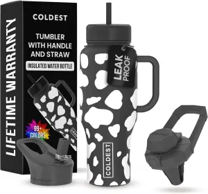Coldest 40 oz Tumbler with Handle and Straw - 100% Leak Proof Insulated Tumbler with Lid and Straw (3 Lids) - Stainless Steel Tumblers for Women & Men - Cup Holder Friendly Base, 36 oz (Baby Cow)
