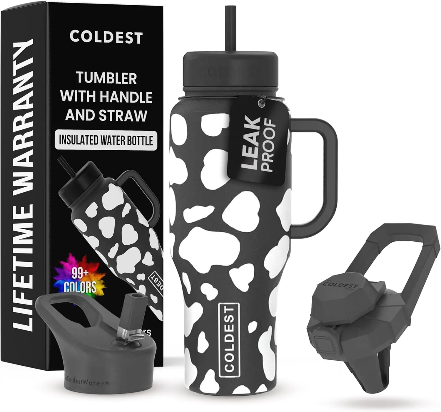 Coldest 40 oz Tumbler with Handle and Straw - 100% Leak Proof Insulated Tumbler with Lid and Straw (3 Lids) - Stainless Steel Tumblers for Women & Men - Cup Holder Friendly Base, 36 oz (Baby Cow)