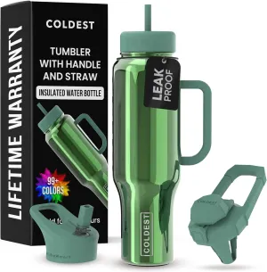 Coldest 40 oz Tumbler with Handle and Straw, 100% Spill Proof Tumbler with Straw (3 Lids), Stainless Steel Insulated Leakproof Tumblers for Women Men, Cup Holder Friendly, 46 oz (Avocado Reflections)
