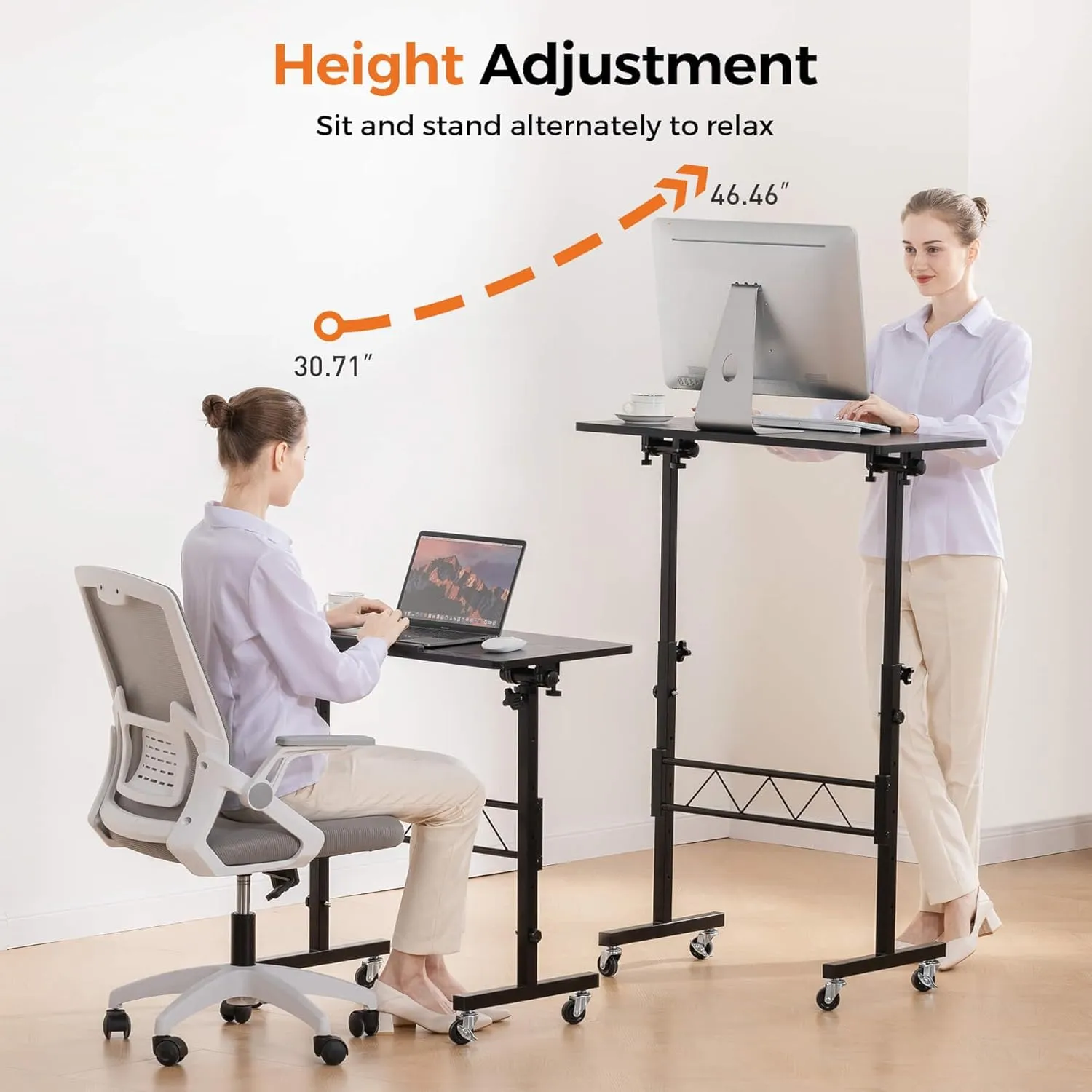 COMHOMA Small Standing Desk Adjustable Height & Tiltable Tabletop, Mobile Stand Up Desk for Laptop, Portable Computer Table for Home Office Work and Walking Pad Treadmill, Height 30.7"-46.4", Black