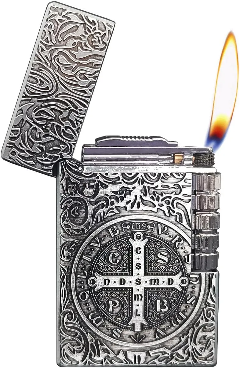 Constantine Lighter, Unique Side Wheel Trench Lighter, Refillable Butane Soft Fire Flip Lighters for Men Dad Husband Gift Collect (Silver)