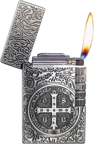 Constantine Lighter, Unique Side Wheel Trench Lighter, Refillable Butane Soft Fire Flip Lighters for Men Dad Husband Gift Collect (Silver)