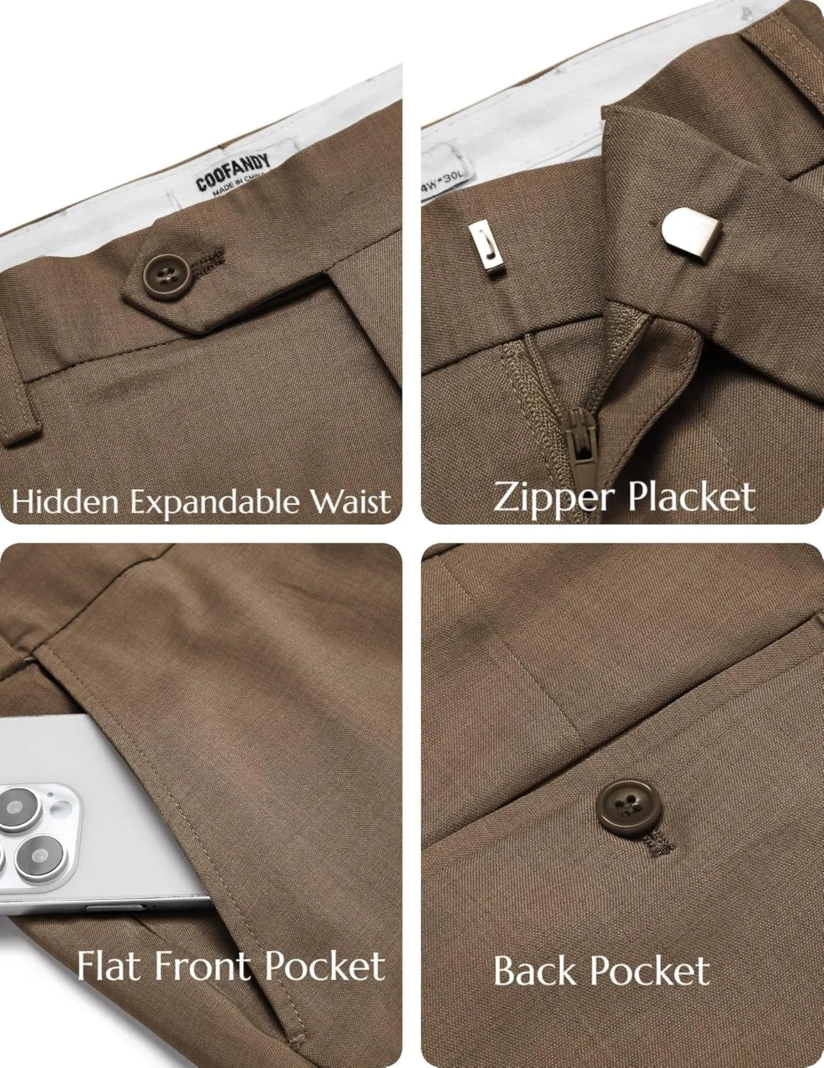 COOFANDY Mens Classic Casual Dress Pants Expandable Waist Suit Pant Slim Fit Flat Front Slacks