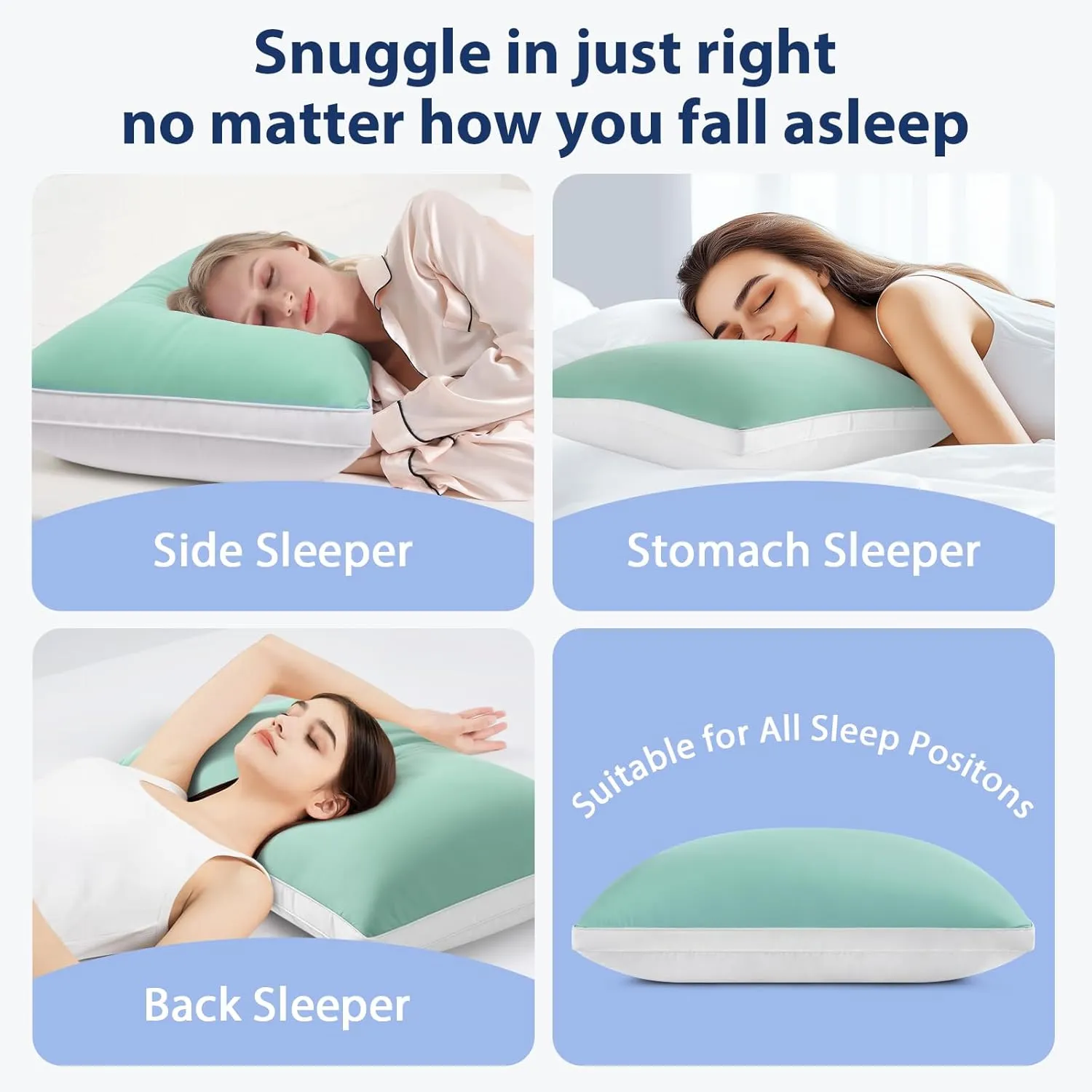 Cooling Bed Pillows Queen Size Set of 2, Cool for Hot Sleepers, Soft Gusseted Hotel Down Alternative Pillow 2 Pack for Side Back Stomach Sleeper, Supportive, Pain Relief, ICY Green, 20" x 30"