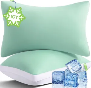 Cooling Bed Pillows Queen Size Set of 2, Cool for Hot Sleepers, Soft Gusseted Hotel Down Alternative Pillow 2 Pack for Side Back Stomach Sleeper, Supportive, Pain Relief, ICY Green, 20" x 30"