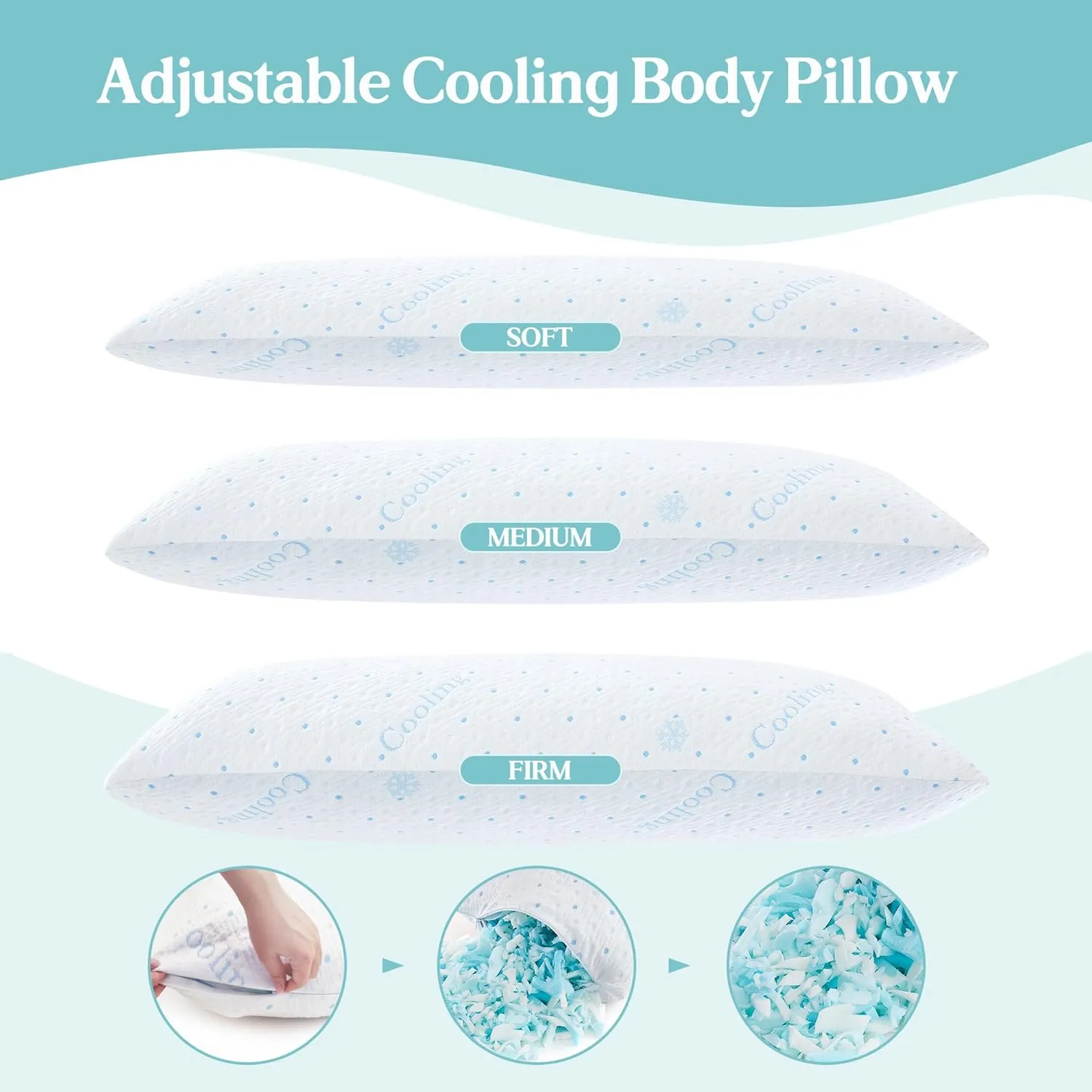 Cooling Body Pillow Firmer 3200g 100% Shredded Memory Foam Body Pillows for Adults Side Sleeper Pregnancy Full Body Pillow 20x54 inch Adjustable with Washable Cover