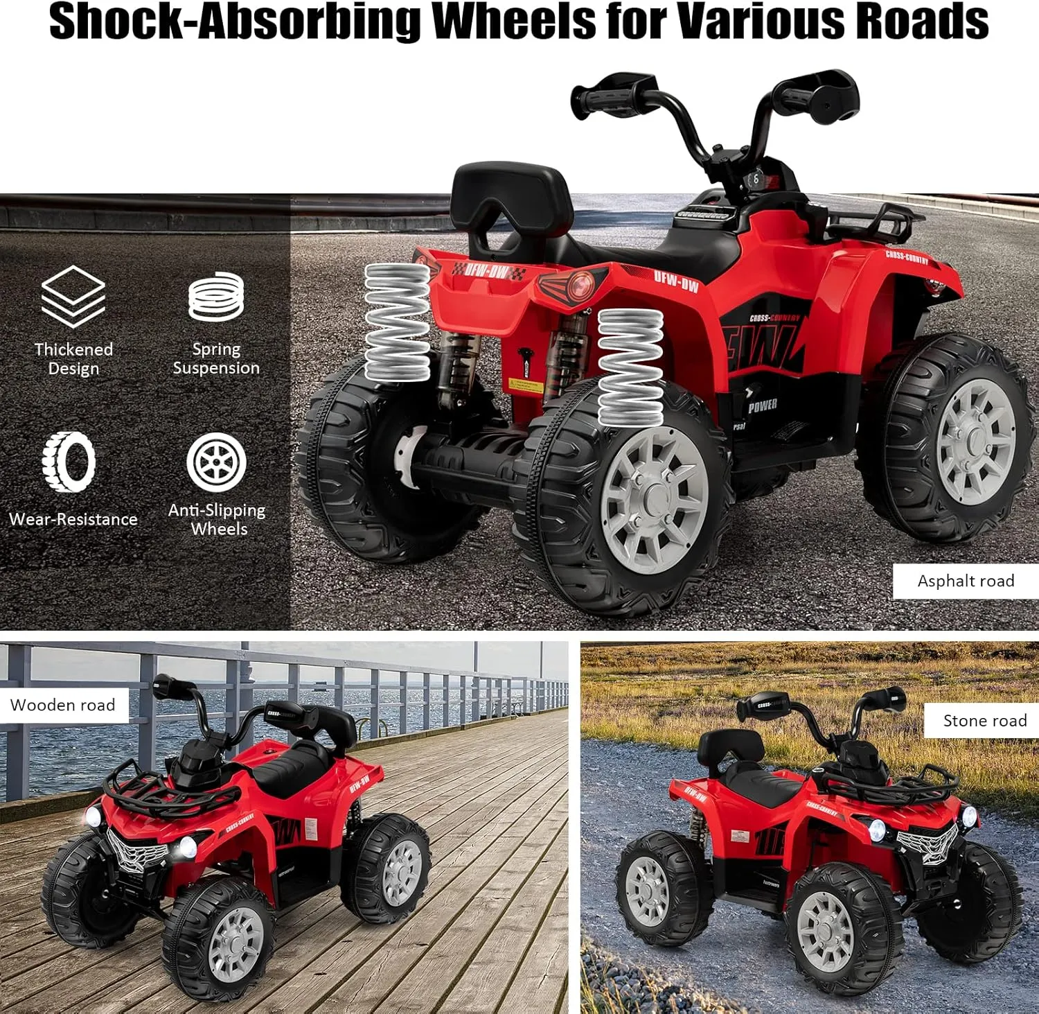 Costzon Kids ATV, 12V Four Wheeler Quad Electric Vehicle w/Forward/Backward Function, 2 Speeds, Music, Headlights, Storage Basket & Backrest, Toddler 4 Wheeler Toy Car for Boys Girls 3  (Red)