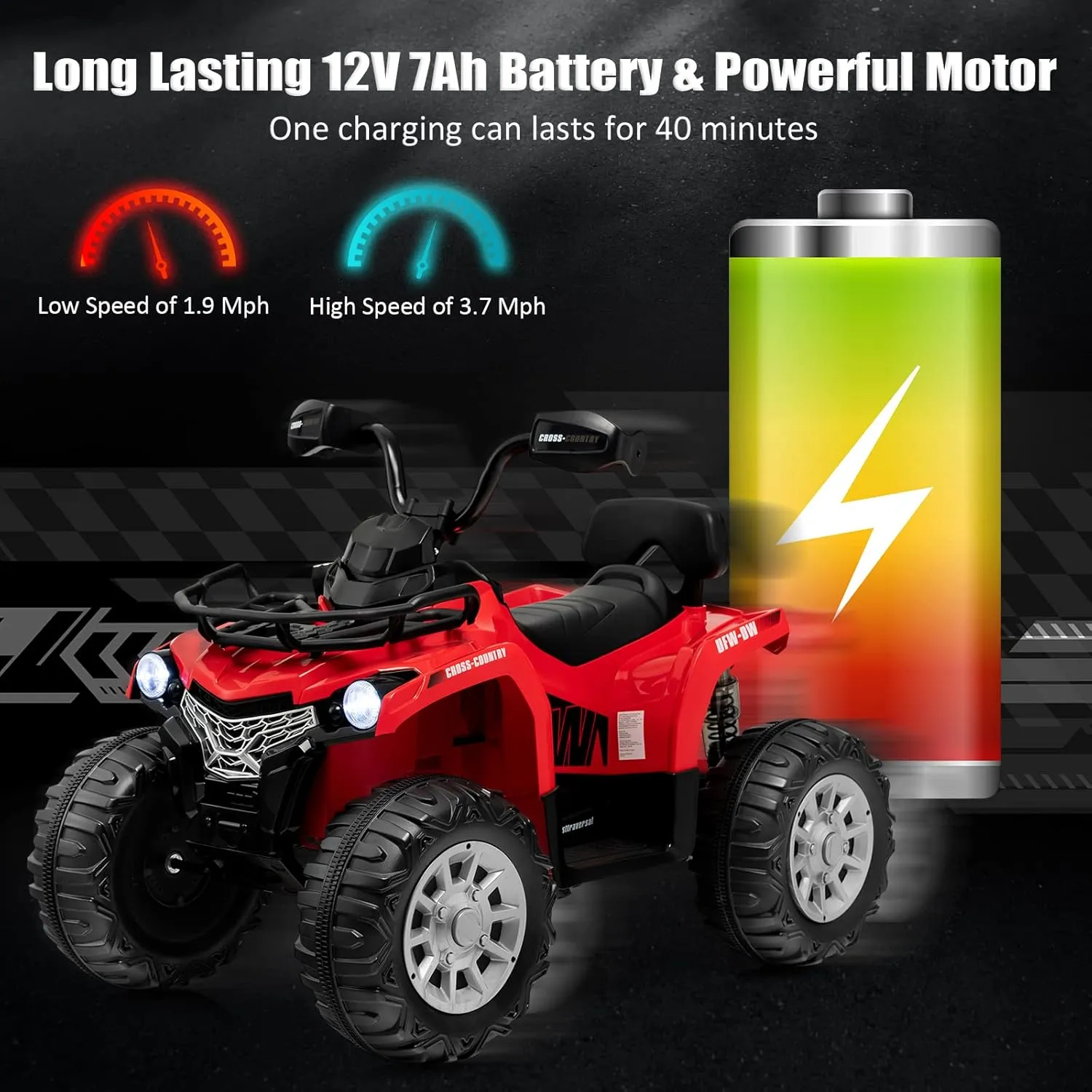 Costzon Kids ATV, 12V Four Wheeler Quad Electric Vehicle w/Forward/Backward Function, 2 Speeds, Music, Headlights, Storage Basket & Backrest, Toddler 4 Wheeler Toy Car for Boys Girls 3  (Red)