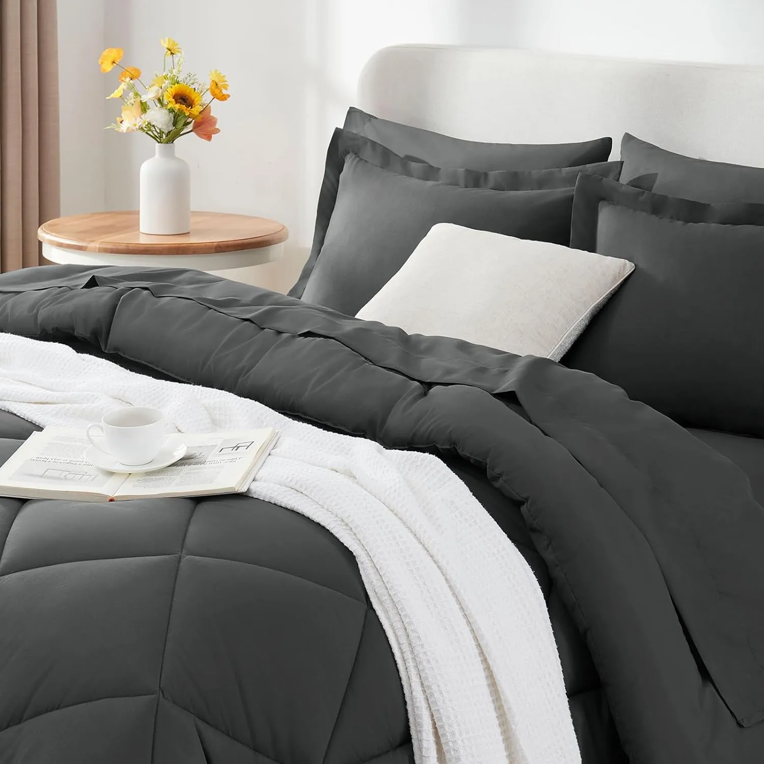 CozyLux King Bed in a Bag 7-Piece Comforter Set with Comforter, Pillow Shams, Flat Sheet, Fitted Sheet and Pillowcases - Dark Grey All Season Bedding