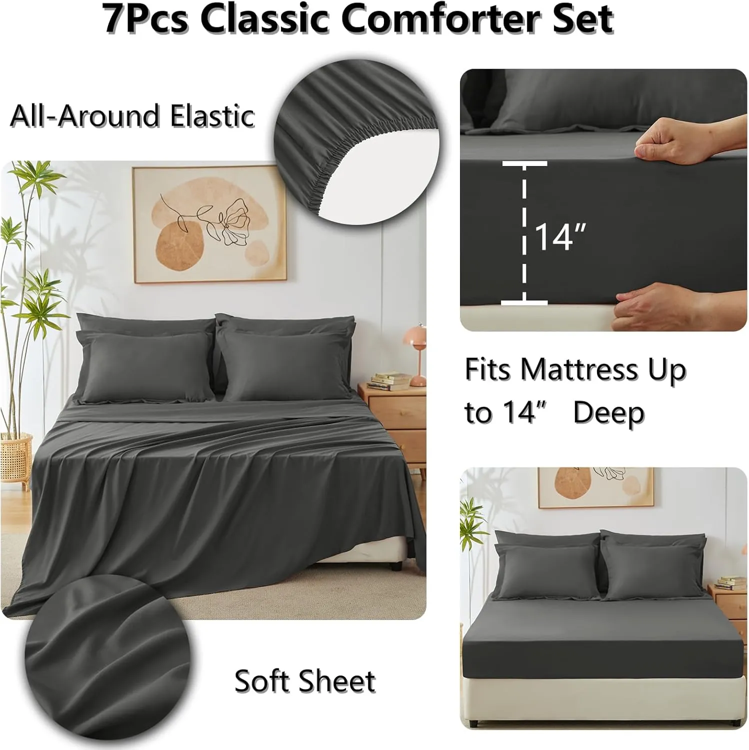 CozyLux King Bed in a Bag 7-Piece Comforter Set with Comforter, Pillow Shams, Flat Sheet, Fitted Sheet and Pillowcases - Dark Grey All Season Bedding