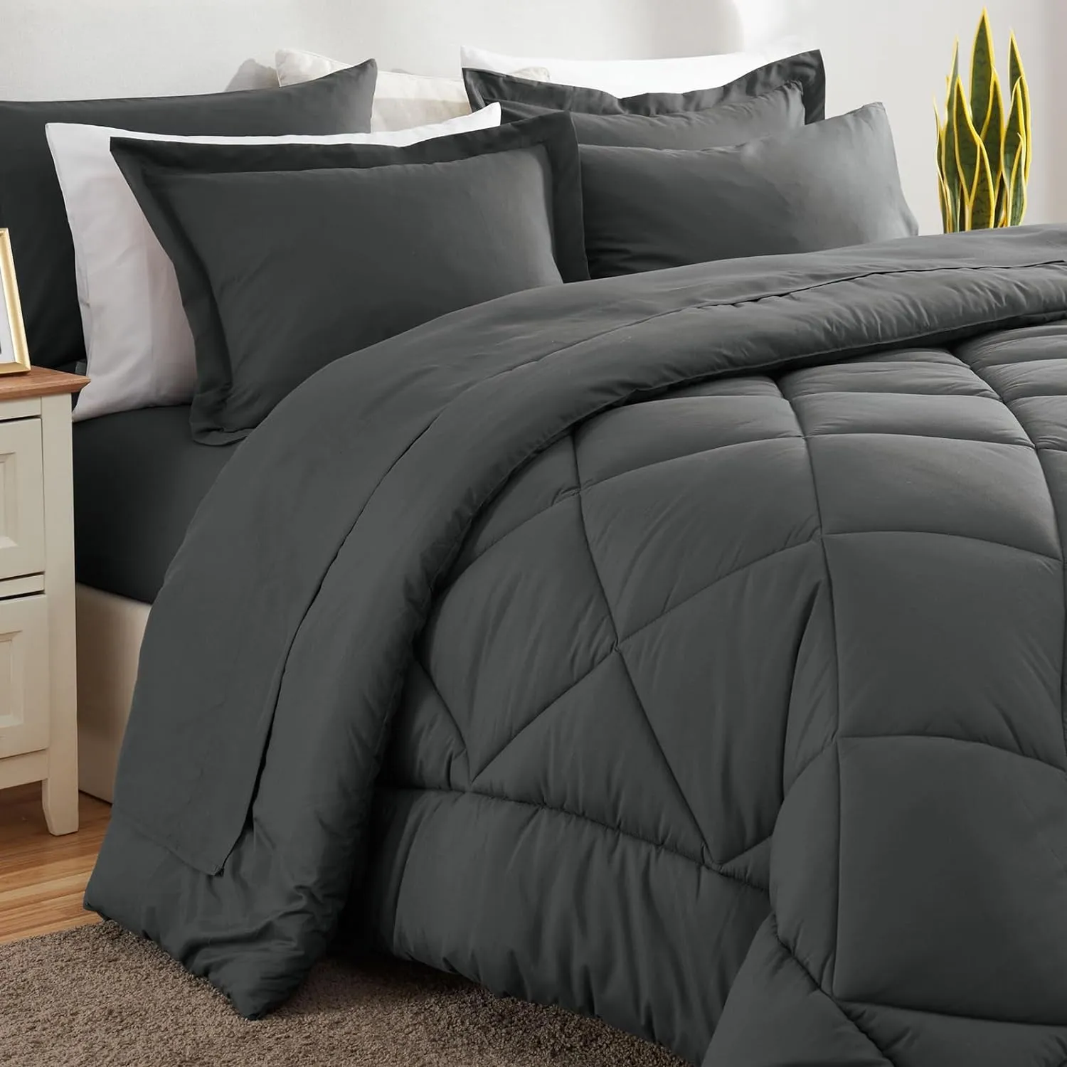 CozyLux King Bed in a Bag 7-Piece Comforter Set with Comforter, Pillow Shams, Flat Sheet, Fitted Sheet and Pillowcases - Dark Grey All Season Bedding