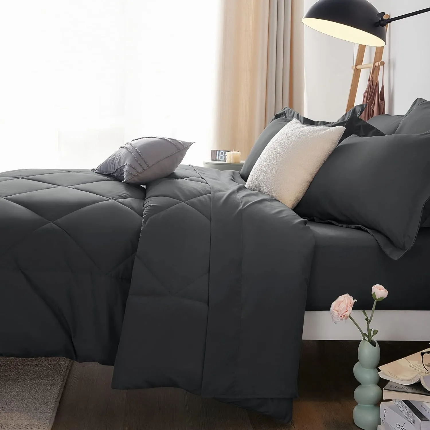 CozyLux King Bed in a Bag 7-Piece Comforter Set with Comforter, Pillow Shams, Flat Sheet, Fitted Sheet and Pillowcases - Dark Grey All Season Bedding