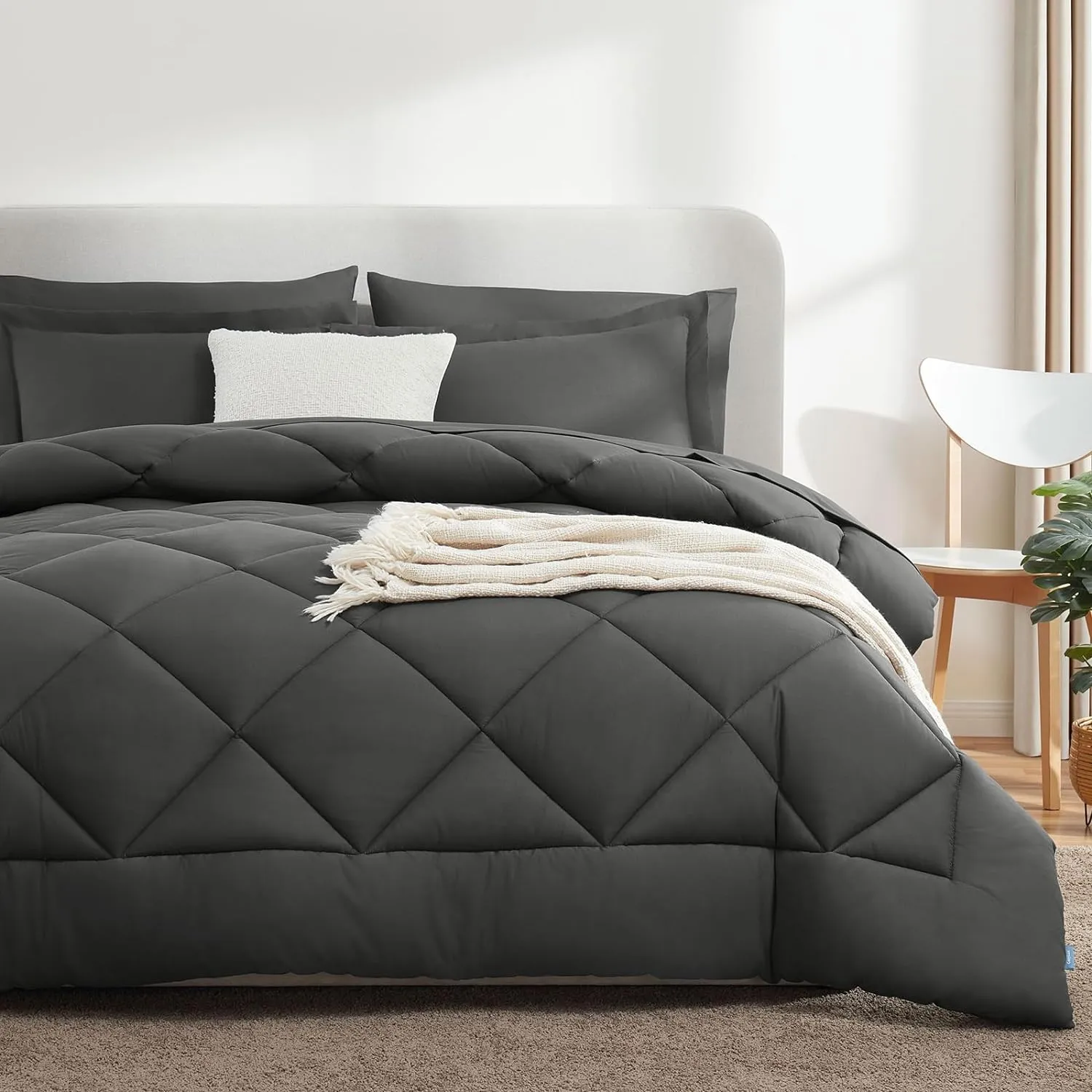 CozyLux King Bed in a Bag 7-Piece Comforter Set with Comforter, Pillow Shams, Flat Sheet, Fitted Sheet and Pillowcases - Dark Grey All Season Bedding