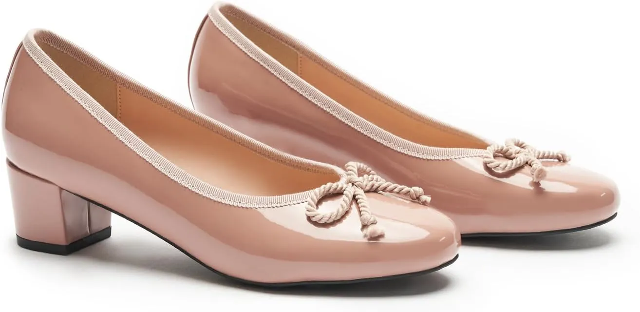 C.Paravano Women's Chunky Heel Ballet Pumps-Patent Leather Dress Shoes with Bowknots for Wedding & Office, Spring Date Nights, Business Casual