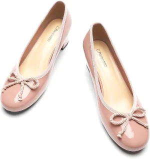C.Paravano Women's Chunky Heel Ballet Pumps-Patent Leather Dress Shoes with Bowknots for Wedding & Office, Spring Date Nights, Business Casual