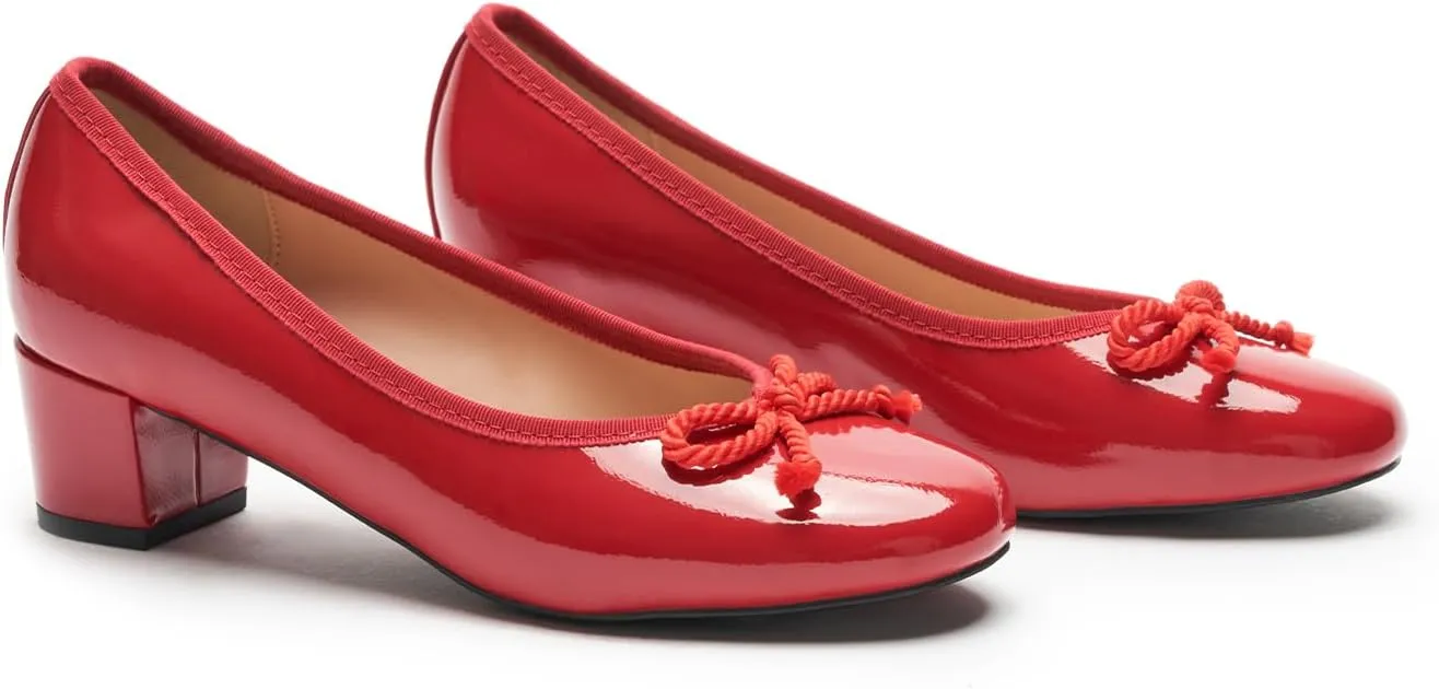 C.Paravano Women's Chunky Heel Ballet Pumps-Patent Leather Dress Shoes with Bowknots for Wedding & Office, Spring Date Nights, Business Casual