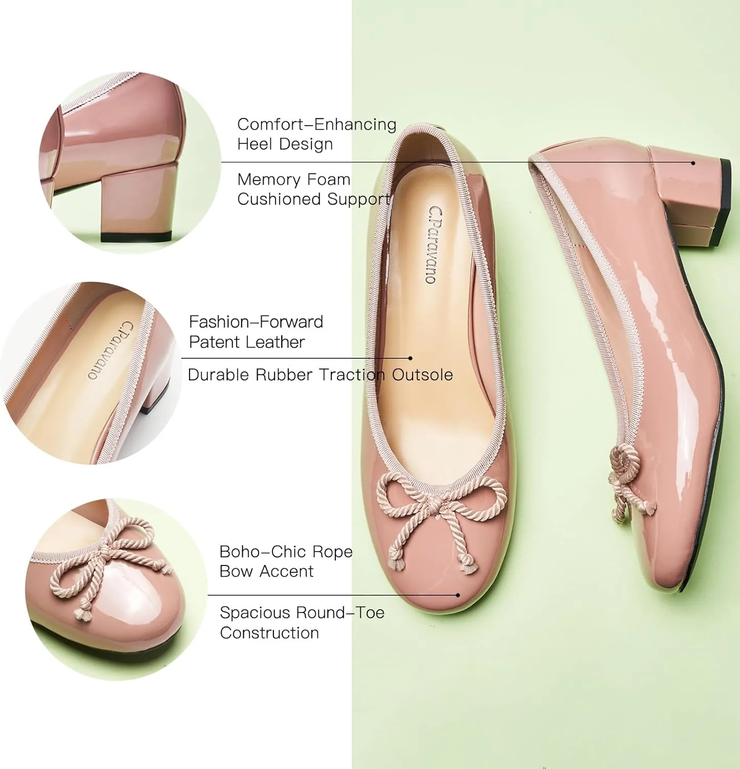 C.Paravano Women's Chunky Heel Ballet Pumps-Patent Leather Dress Shoes with Bowknots for Wedding & Office, Spring Date Nights, Business Casual