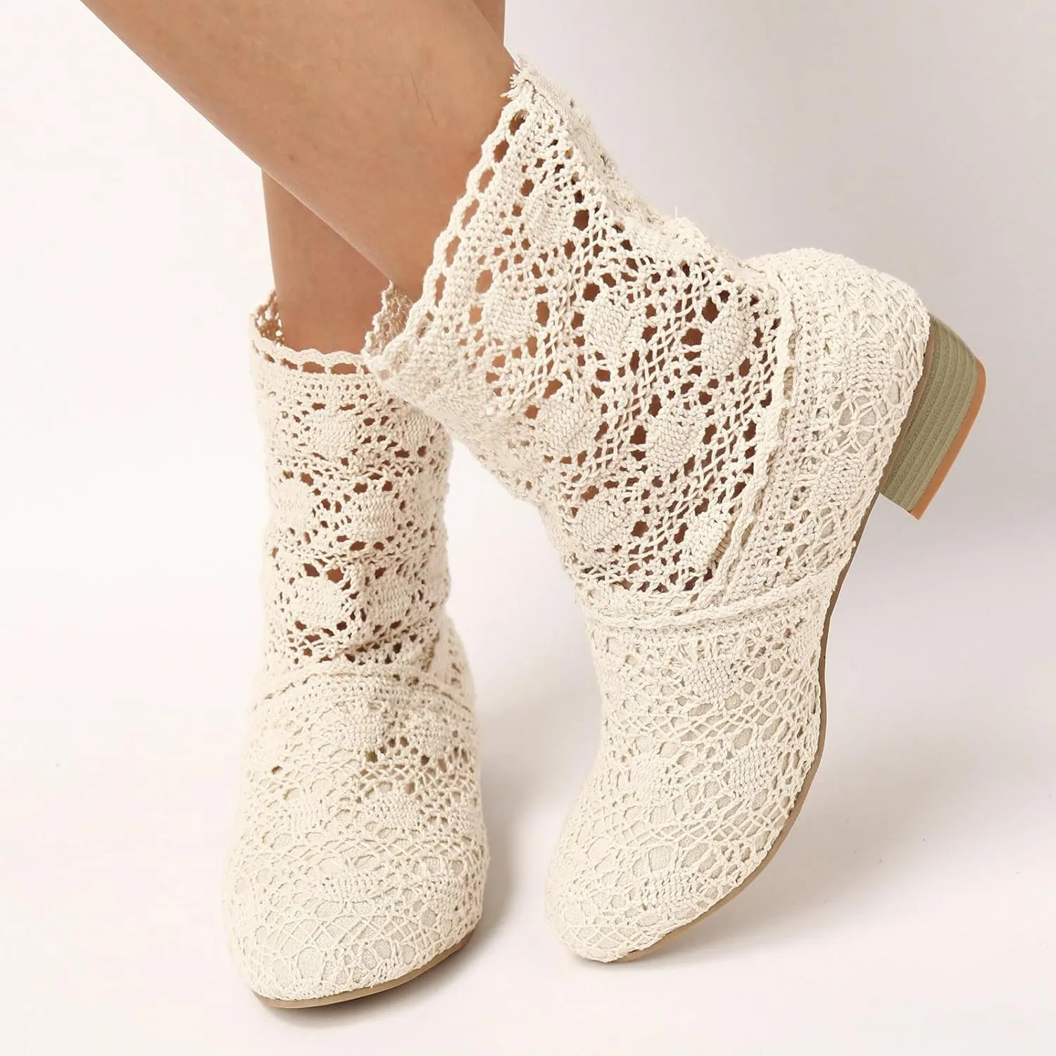 Crzidha Ankle Boots for Women Elegant Knit Embroidery Lace Mesh Booties Round Toe Stacked Mid Heel Boots for Women Wedding Party Lightweight Breathable Daily Walking Outdoor Boots