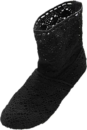 Crzidha Ankle Boots for Women Elegant Knit Embroidery Lace Mesh Booties Round Toe Stacked Mid Heel Boots for Women Wedding Party Lightweight Breathable Daily Walking Outdoor Boots