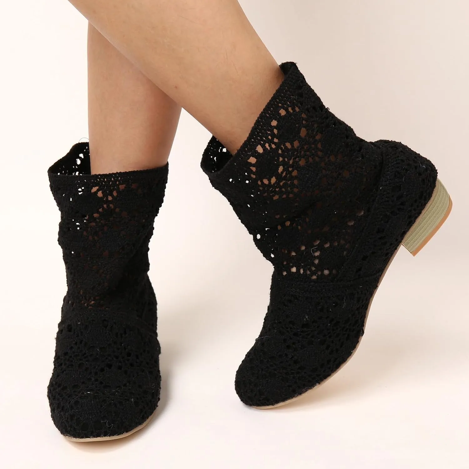 Crzidha Ankle Boots for Women Elegant Knit Embroidery Lace Mesh Booties Round Toe Stacked Mid Heel Boots for Women Wedding Party Lightweight Breathable Daily Walking Outdoor Boots