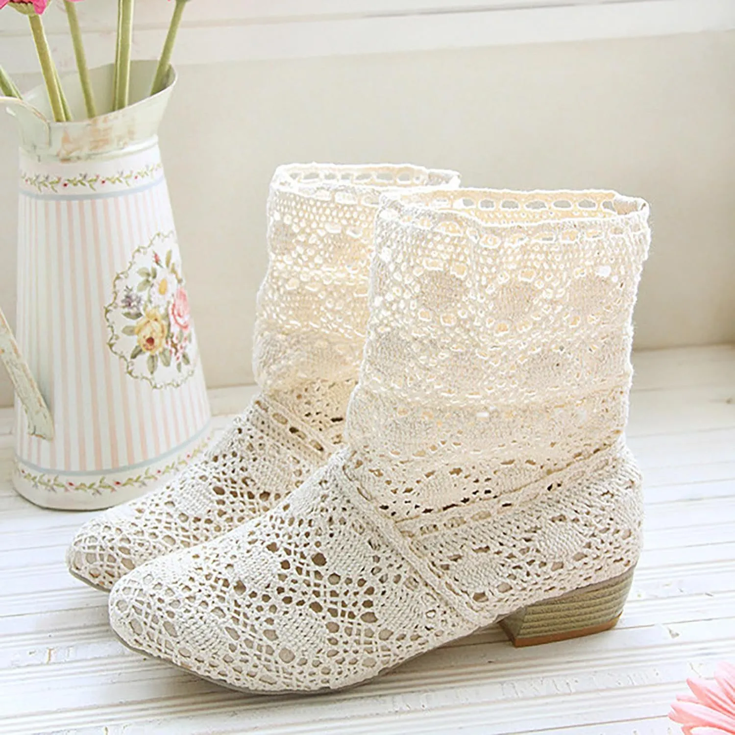 Crzidha Ankle Boots for Women Elegant Knit Embroidery Lace Mesh Booties Round Toe Stacked Mid Heel Boots for Women Wedding Party Lightweight Breathable Daily Walking Outdoor Boots