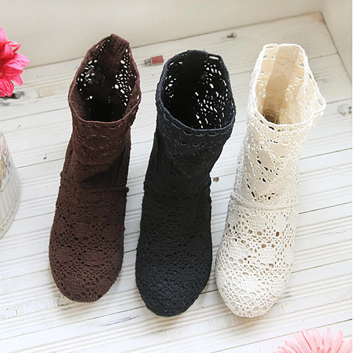 Crzidha Ankle Boots for Women Elegant Knit Embroidery Lace Mesh Booties Round Toe Stacked Mid Heel Boots for Women Wedding Party Lightweight Breathable Daily Walking Outdoor Boots