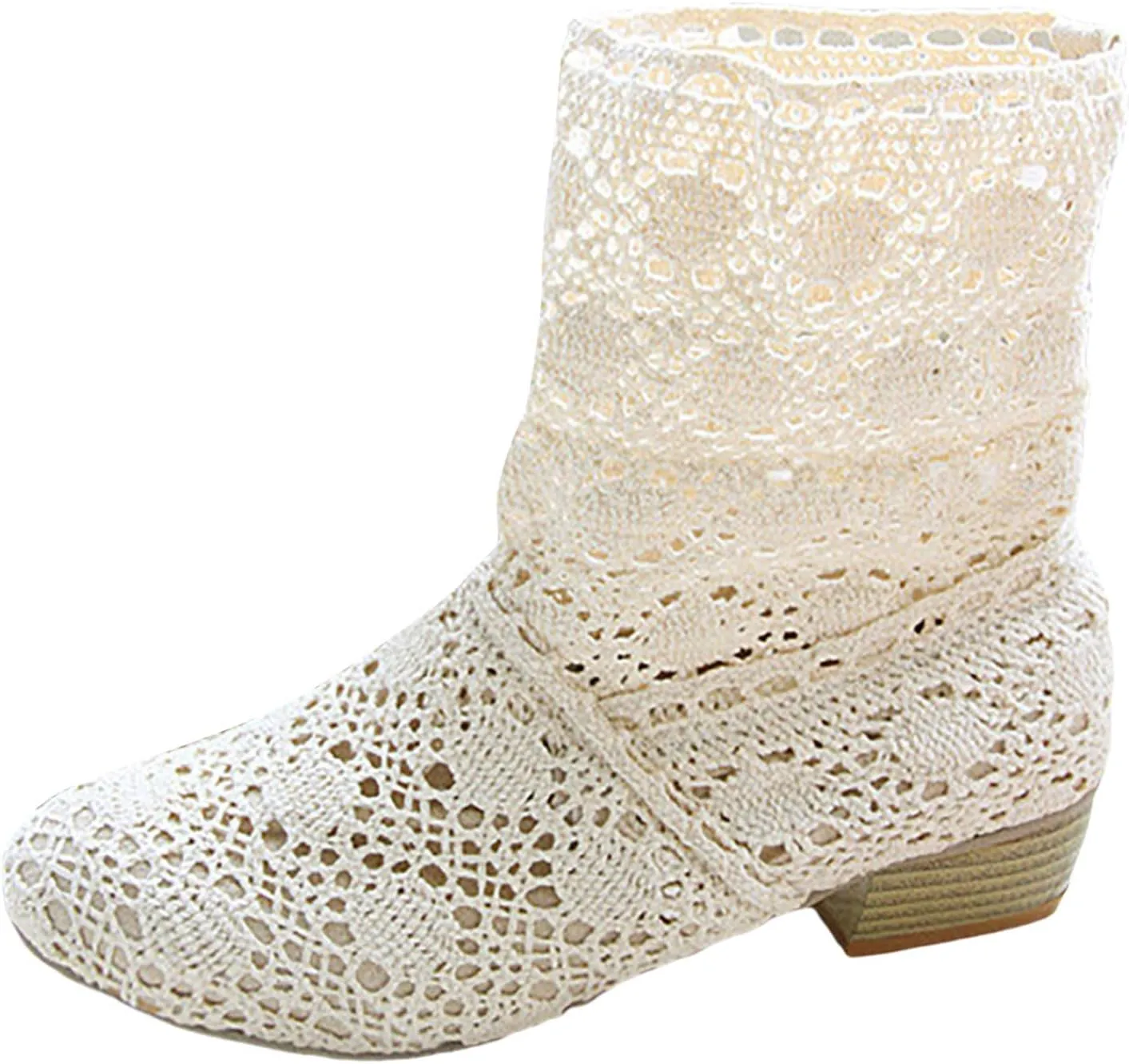 Crzidha Ankle Boots for Women Elegant Knit Embroidery Lace Mesh Booties Round Toe Stacked Mid Heel Boots for Women Wedding Party Lightweight Breathable Daily Walking Outdoor Boots