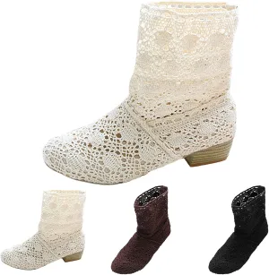 Crzidha Ankle Boots for Women Elegant Knit Embroidery Lace Mesh Booties Round Toe Stacked Mid Heel Boots for Women Wedding Party Lightweight Breathable Daily Walking Outdoor Boots