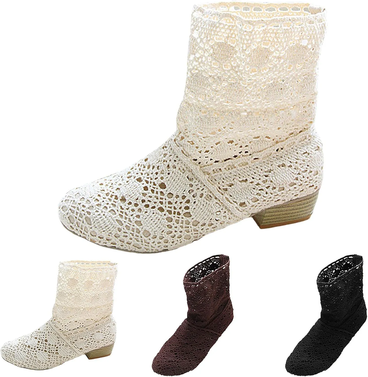 Crzidha Ankle Boots for Women Elegant Knit Embroidery Lace Mesh Booties Round Toe Stacked Mid Heel Boots for Women Wedding Party Lightweight Breathable Daily Walking Outdoor Boots
