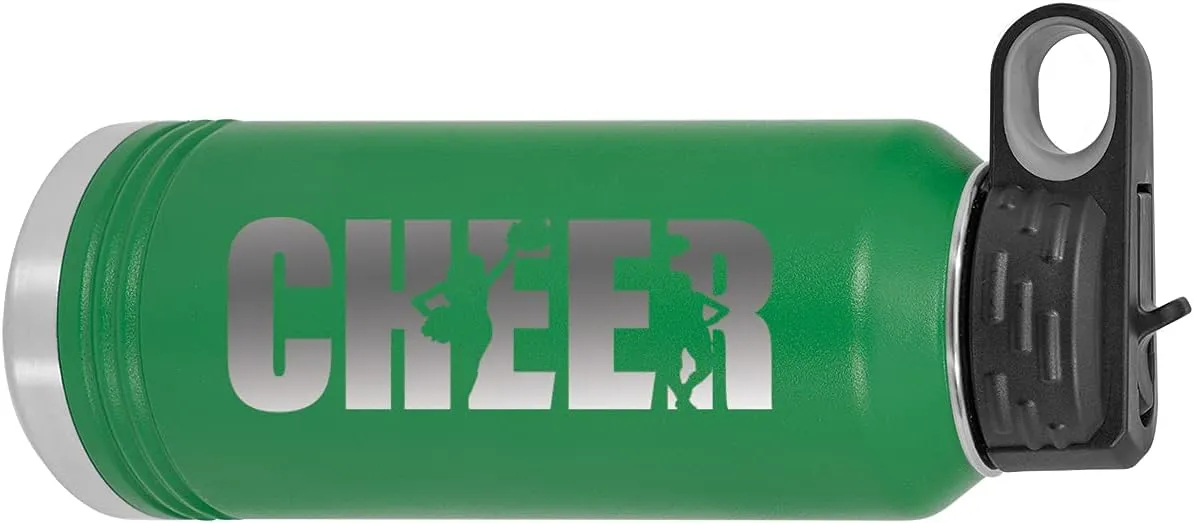 CustomGiftsNow Cheer - Cheerleading 32-Ounce Engraved Double-Wall Insulated Stainless Steel Sports Water Bottles with Flip Top Lid, Straw (Green)