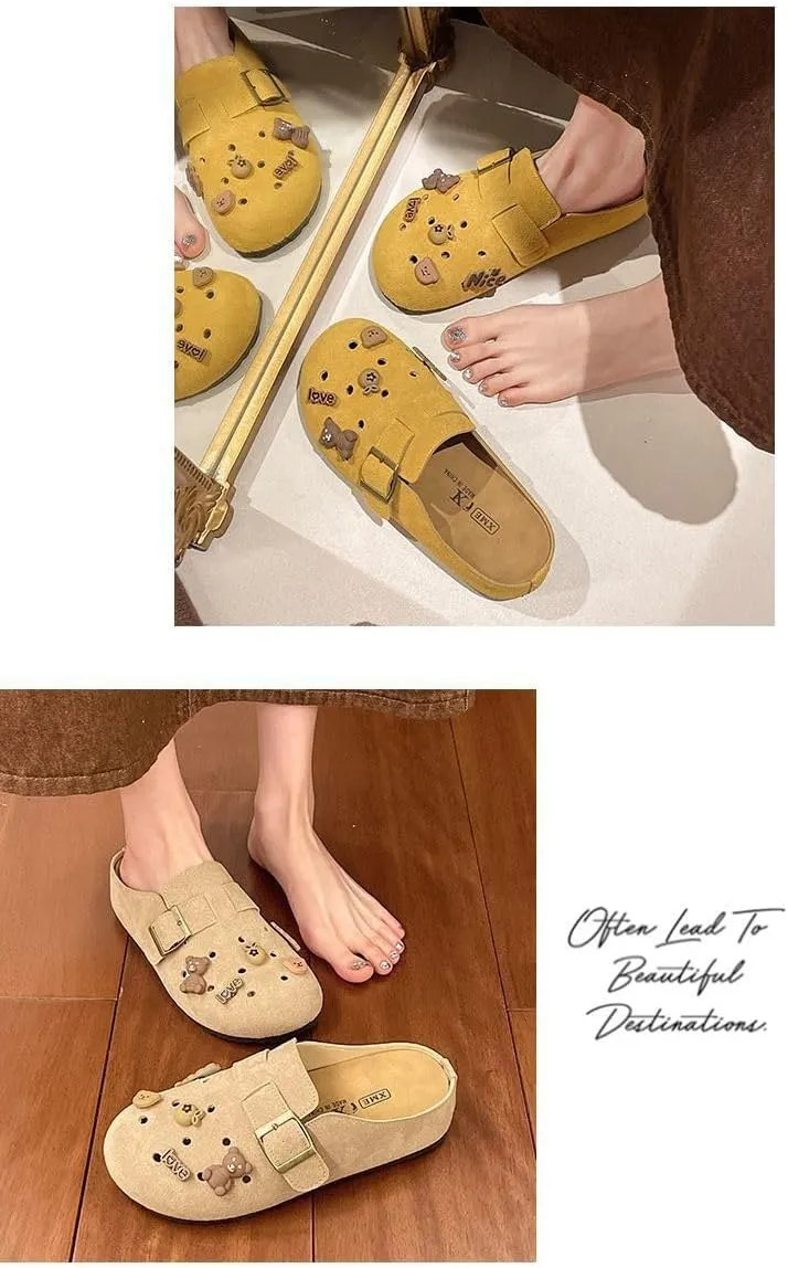 Cute Open-Toe Slippers for Women, Breathable Travel Sandals with Hollow-Out Design, Flat Comfortable Mules