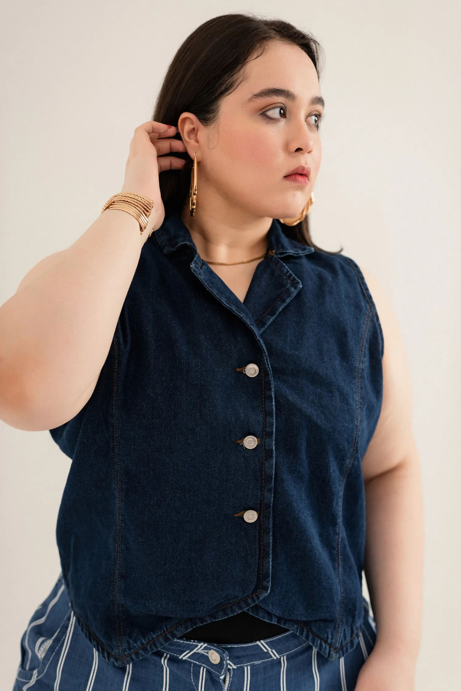 Dark Blue Plus Size Regular Fit Denim Vest