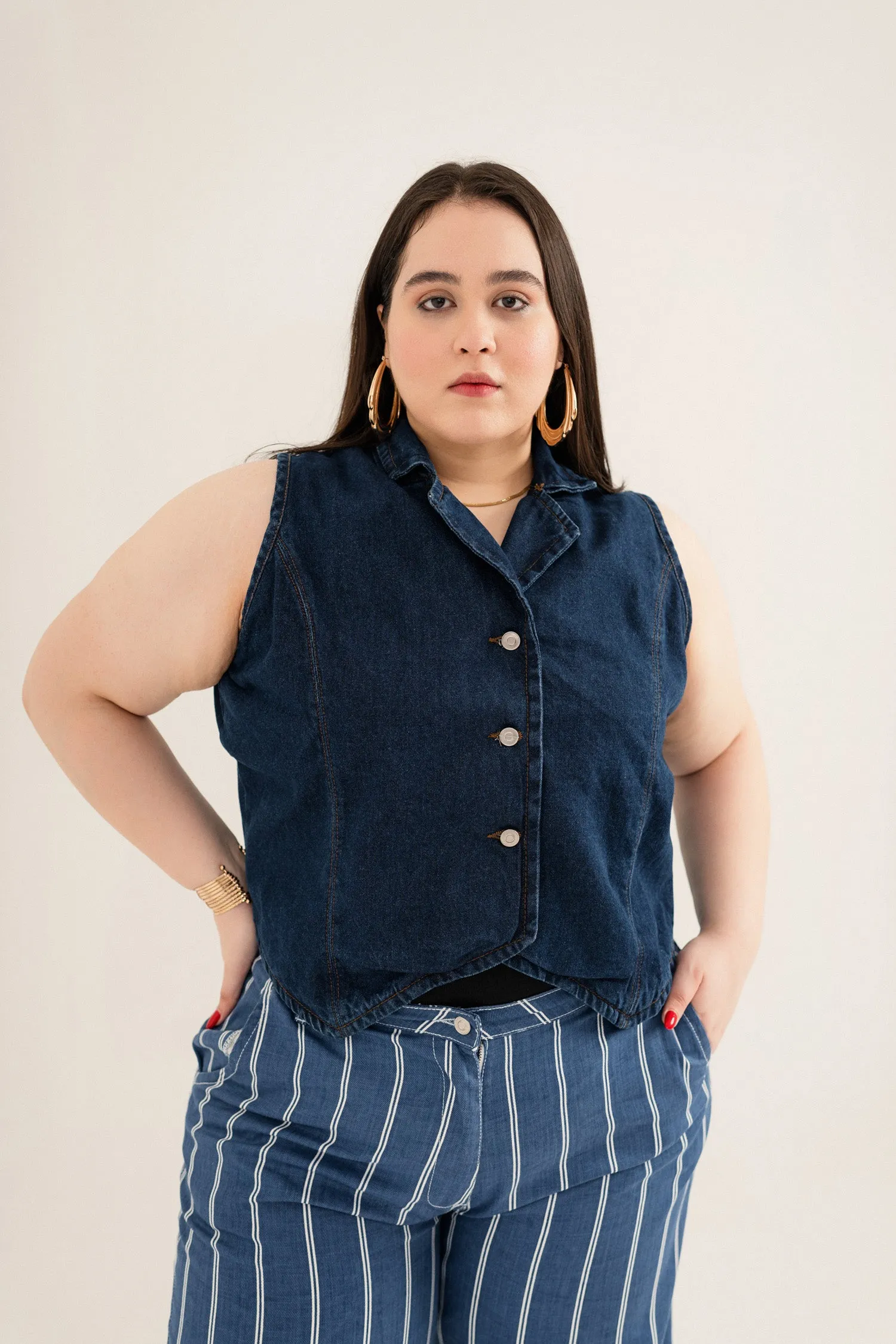 Dark Blue Plus Size Regular Fit Denim Vest