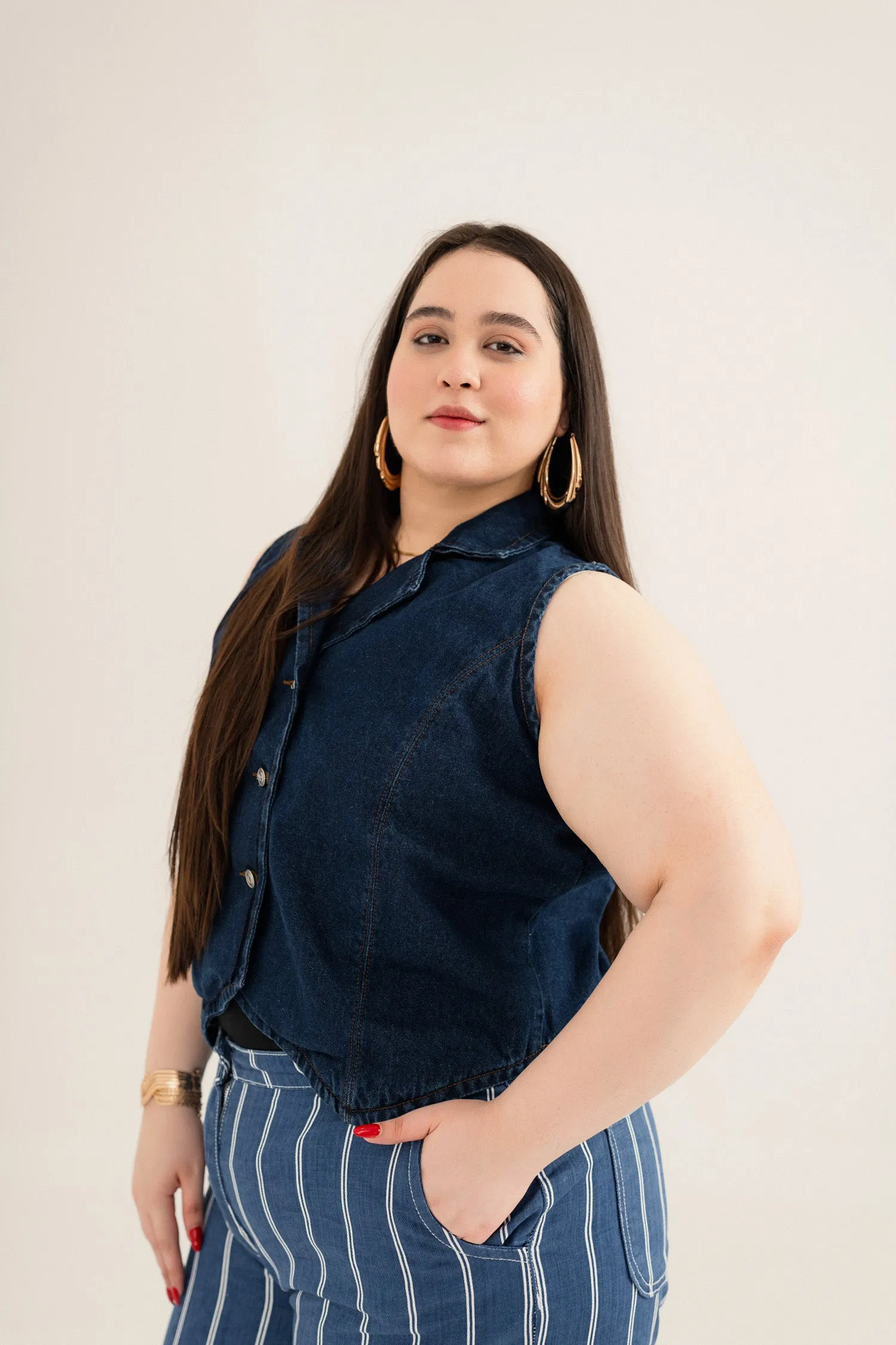 Dark Blue Plus Size Regular Fit Denim Vest