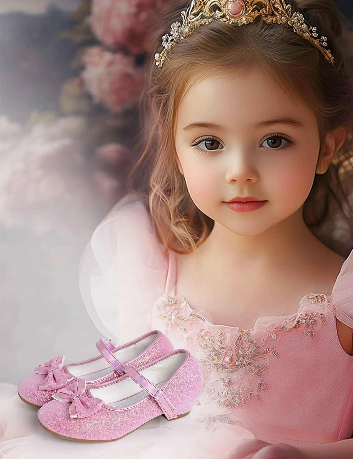 Daydance Kids Toddler Girls Dress Shoes Low Heels Sparkling Flower Mary Jane Footwear for Party Prom Wedding Birthday