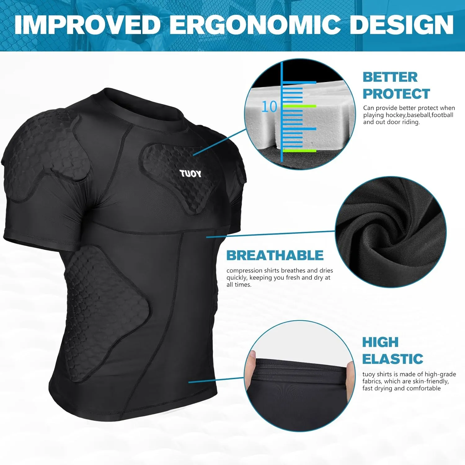 DGXINJUN Men's Padded Shirt Football Chest Rib Protector Heart Sternum Guard Compression Shirt with Shoulder Back Rib Pads for Adult Football Basketball Baseball Softball Rugby