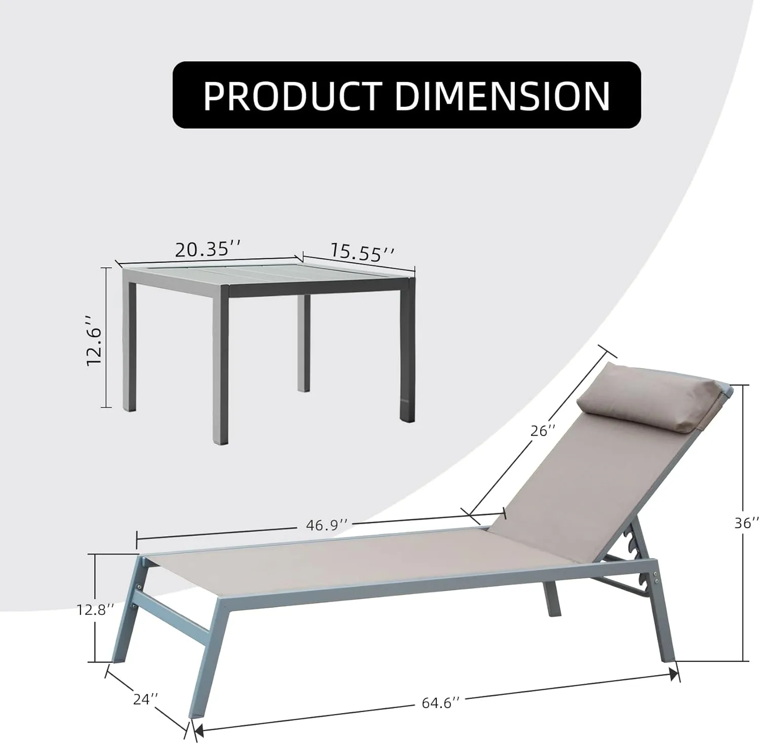 Domi Patio 3 Pieces Aluminum Textilene Chaise Lounge Set with Side Table Outdoor, Adjustable Back and Pillow for Yard Garden Sunbathing for All Seasons Khaki