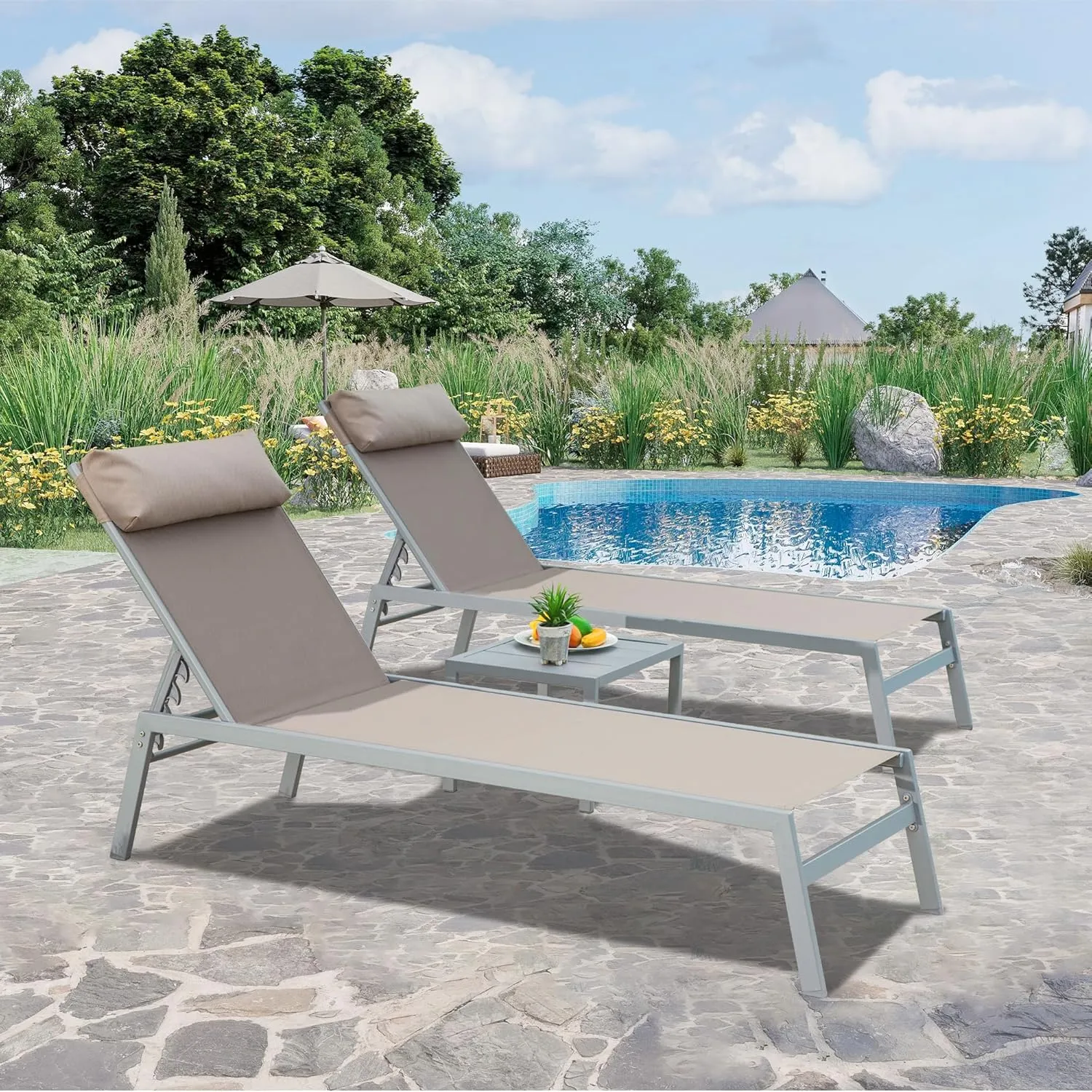 Domi Patio 3 Pieces Aluminum Textilene Chaise Lounge Set with Side Table Outdoor, Adjustable Back and Pillow for Yard Garden Sunbathing for All Seasons Khaki