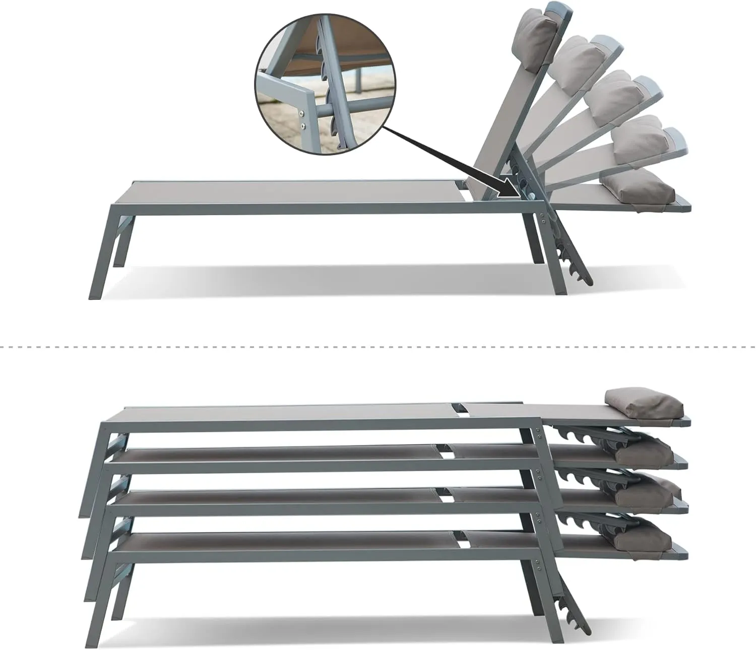 Domi Patio 3 Pieces Aluminum Textilene Chaise Lounge Set with Side Table Outdoor, Adjustable Back and Pillow for Yard Garden Sunbathing for All Seasons Khaki