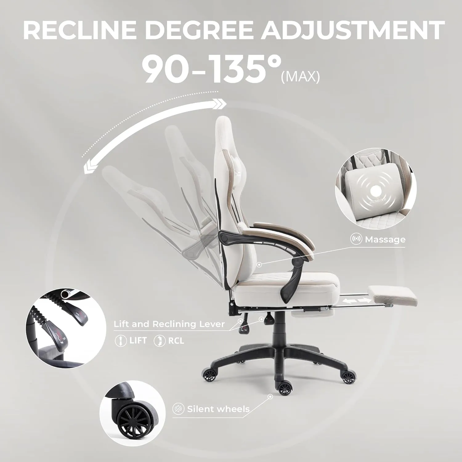Dowinx Gaming Chair Breathable Fabric Computer Chair with Pocket Spring Cushion, Comfortable Office Chair with Gel Pad and Storage Bag,Massage Game Chair with Footrest,Beige
